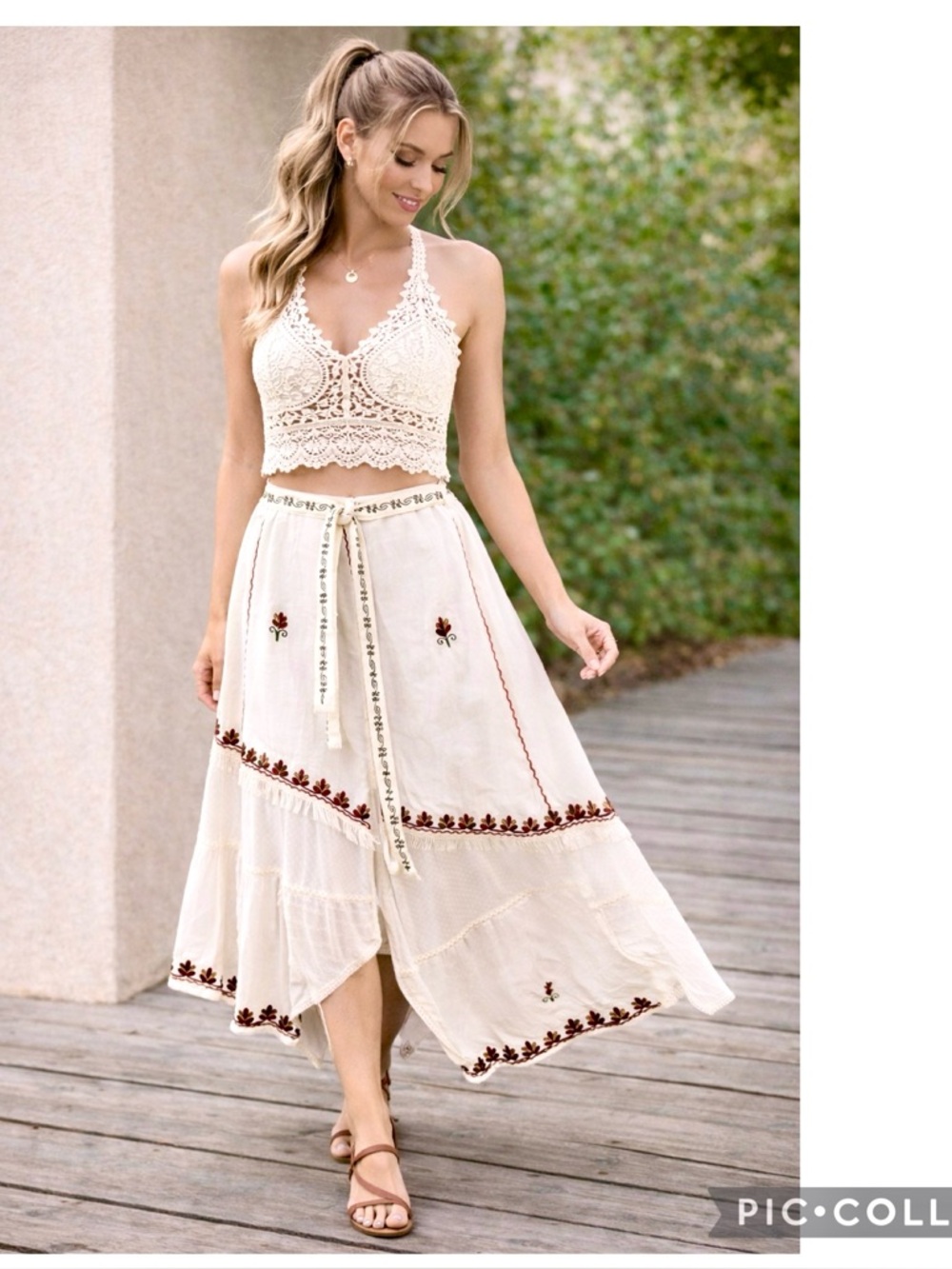 Boho Embroidered Wrap Midi Skirt Lace Trim Fringe Cottagecore FP Style